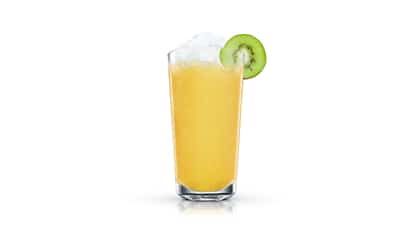 Green Spree in a highball glass with crushed ice and a kiwi slice on the rim on white background