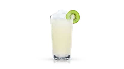 Kiwi Collins in a highball glass with crushed ice and a kiwi wheel on white background.