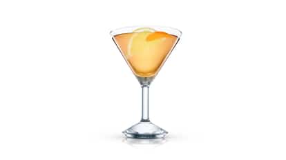 Leather Neck in a martini glass with lemon wheel and orange twist on white background