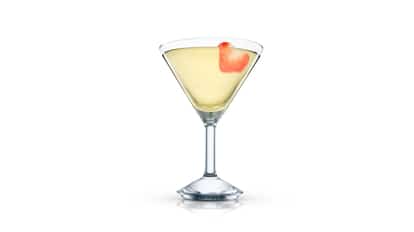 Mayday Martini in a martini glass with a strawberry slice on white background