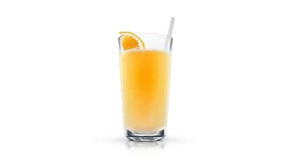 Orange Summer served in a highball glass with a straw and an orange wedge on white background