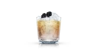 P.A.S.S. in an Absolut rocks glass with crushed ice and two blackberries on white background