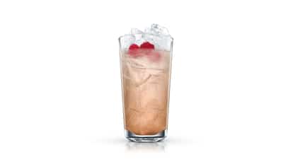 Raspberry Debonnaire in a highball glass with crushed ice and two raspberries on white background