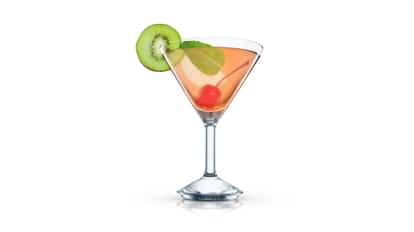 Cocktail in a martini glass garnished with a kiwi slice mint leaf and cherry on white background