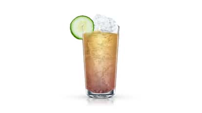 Rosarita Highball in a highball glass with crushed ice and a cucumber wheel