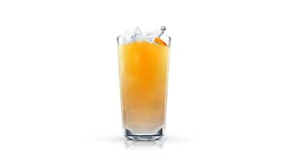 Sloe Dancer served in a highball glass with ice and an orange peel on a pick