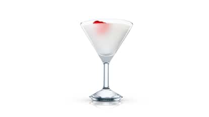 Southern Silk Route in an Absolut martini glass with a strawberry garnish on white background.