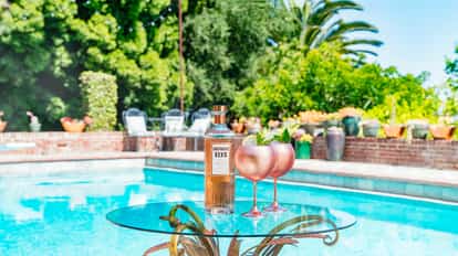 Stiff Upper Lip with an Absolut Elyx bottle and two balloon glasses with lime wheel and mint on a glass table by a pool