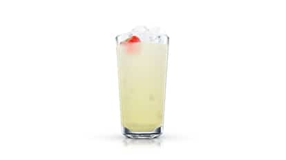 Strawberry Fizz in a highball glass with ice and a strawberry on white background