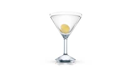 Upper Crust in a martini glass with a single olive at the base on white background