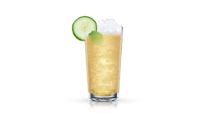 Virgin Cup No.1 in a highball glass with crushed ice, a cucumber slice and a mint leaf on white background